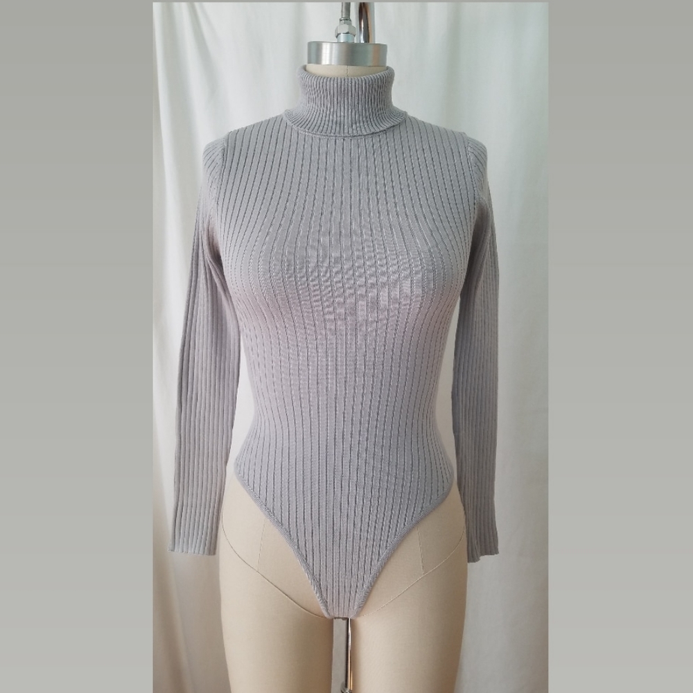 Rib Knit Turtleneck Bodysuit (Grey)